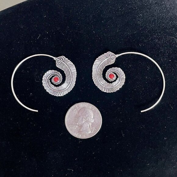 Medium Silver Feather Spiral Earrings in Red or Turquoise Blue #687 - Picture 5 of 15